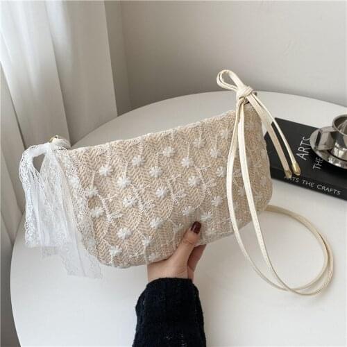 Straw Bags Women Handmade Woven Beach Cross Body Shoulder Bag White Floral Embroidery Tote Small Messenger Travel Shopper Purses