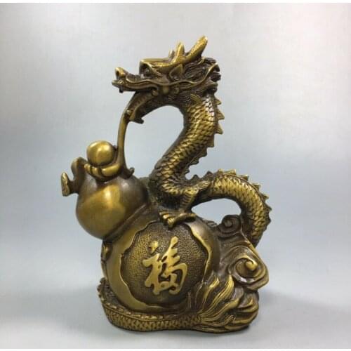 Old Chinese Collectible Brass Auspicious Dragon & Gourd Handwork Vintage Statue