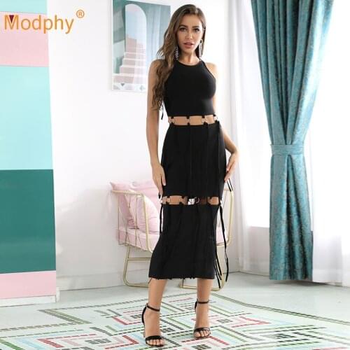 2020 Autumn New Style Black Sexy Round Neck Spaghetti Strap Tassel Hollow Backless Dress Celebrity Runway Party Dress Vestidos