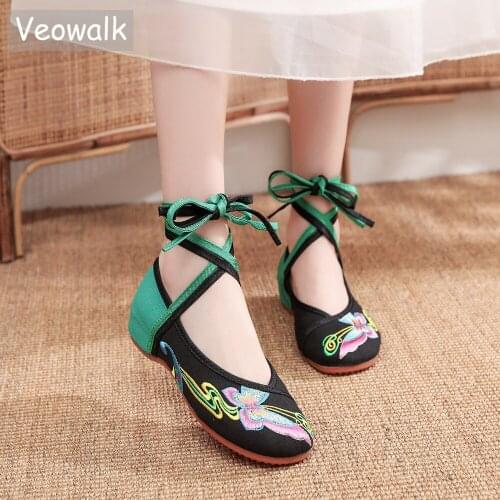 Veowalk Handmade Chinese Embroidered Women Cotton Fabric Flat Shoes Ankle Strap Ladies Comfortable Ballet Flats Walking Shoes