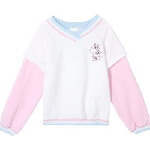 XUANHAO Women Cartoon Embroidery Hoodies Long Sleeve V-Neck Patchwork Warm Thick Pullovers Femme Harajuku Cute Sweatshirts