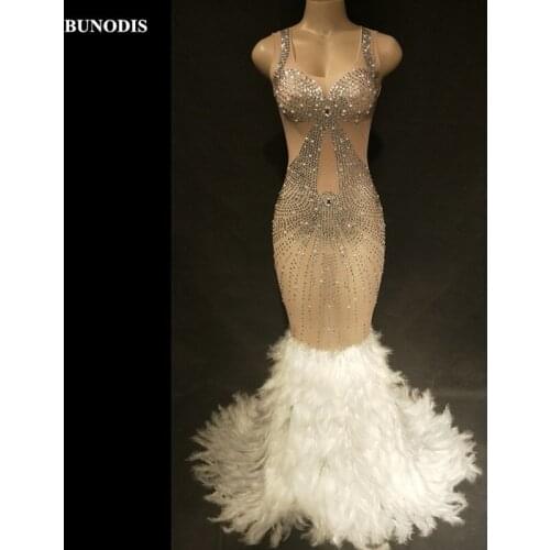 ZD445 (Two Types) Women Sexy White Feather Net Yarn Long Skirt Sparkling Crystals Nightclub Birthday Party Stage Wear Bling
