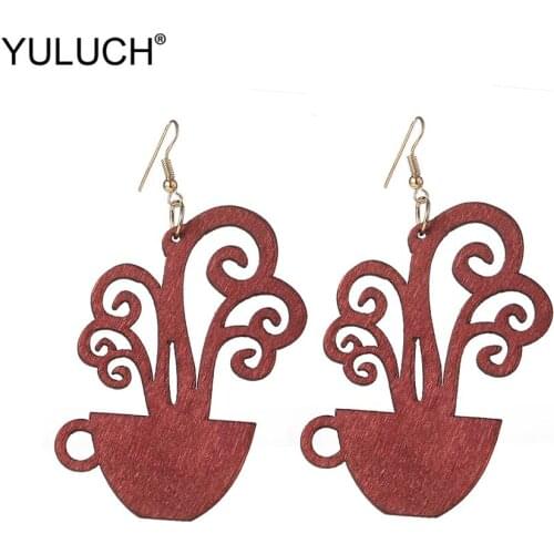 YULUCH Women Hollow Wooden Long Dangle Earrings Fashion Jewelry Personality Art Flower Pot Pendant Earrings For Women Lady Party