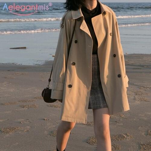 Aelegantmis Casual Loose Trench Coat Women Vintage Solid Double Breasted Windbreaker Female Korean Outerwear Chic OL Spring 2021