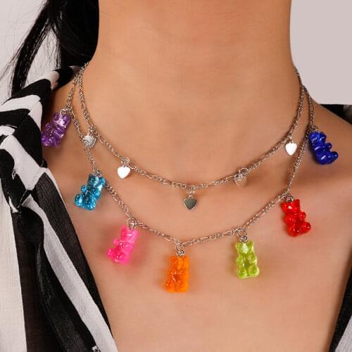 Handmade Gummy Bear Chain Necklace Multilayer Star Heart Cross Necklaces for Women Girl Pendant Necklace Earrings Jewelry