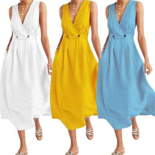 70% Hot Sell Plus Size Summer Casual Women Solid Color V Neck Sleeveless A-Line Long Dress