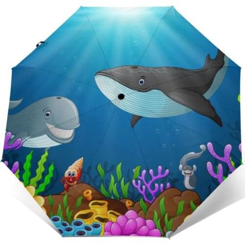 Sunny Umbrella Cartoon Shark And Whale Automatic folding portable men women umbrella Sunscreen rain Windproof beach parasol
