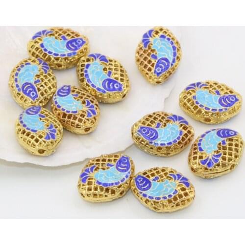 5pcs high quality oval shape carved fish hollow cloisonne enamel accessories 15*20mm gold-color new fashion diy findings B2509