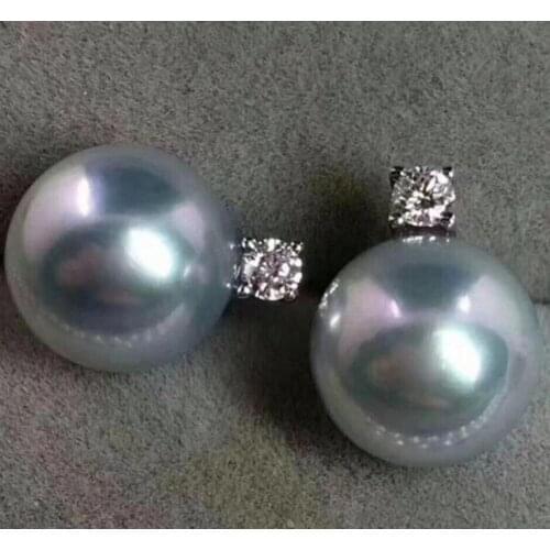 Free Shipping 18K 9-10mm natural GRAY Freshwater pearl earrings