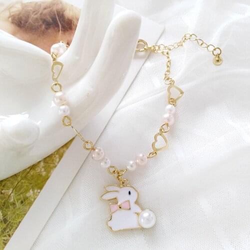 Multiple Imitation Pearls Beads Bunny Charms Bracelet Handmade Fashion Adjustable Chain Bracelet for Women Girls Kids Party Gift