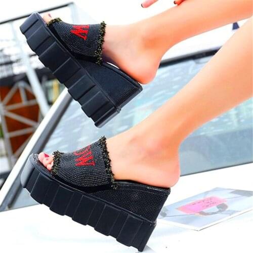 Diamonds Party Pumps Women Leather Gladiator Sandals Rhinestone Platform Wedge High Heels Slippers Open Toe 34 35 36 37 38 39