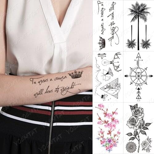 Black Crown English Letter Sexy Waterproof Temporary Tattoo Sticker Woman Body Art Flash Tatto Man Flower Arm Henna Fake Tatoo