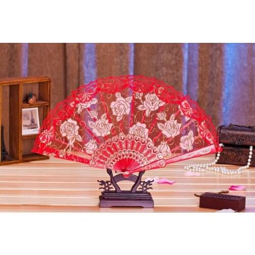 DHL 50pcs/lot Spanish style rose flower design plastic frame lace silk hand fan, Chinese craft folding fan