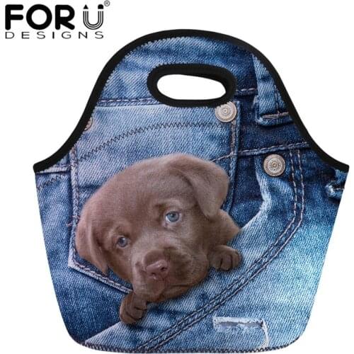 FORUDESIGNS New Lunch Bag for Kids Denim Animal Dog Print Portable Cooler Bag Bento Pouch Lunch Storage Case Bolsa Thermal Bag