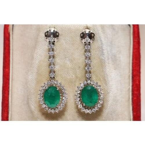 Perfect 18k Gold Natural Diamond And Emerald Decorated Amazing Drop New Made Pretty Earring