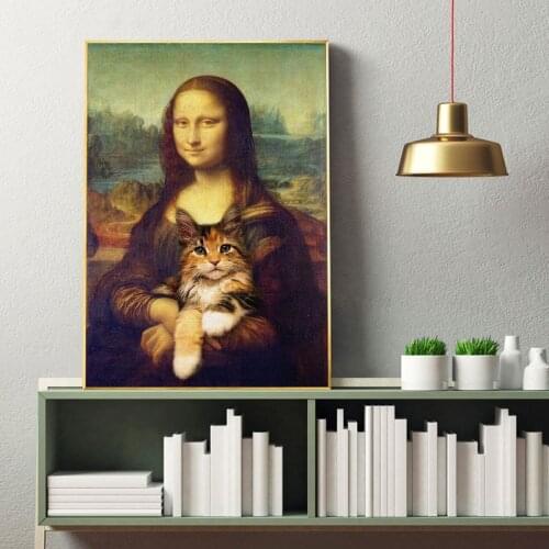 Mona Lisa Holding the Cat Funny Art Canvas Paintings On the Wall Art Posters And Prints Da Vinci Famous Art Pictures Cuadros