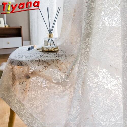 White/GrayHollow Lace Tulle Curtains for Living Room Elegant Blue Semi Blackout Volie Yarn for Balcony*VT