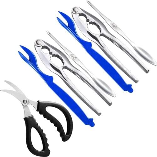 7 Pcs Seafood Tools Set Includes 2 Crab Crackers, 2 Lobster Shells,2 Blue Crab Forks/Pickles and 1 Seafood Scissors