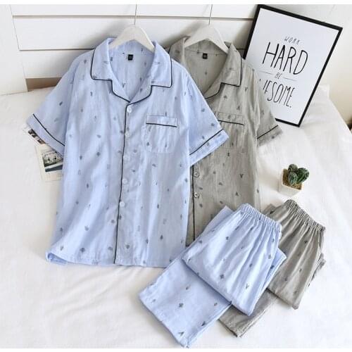 New Mens Pajamas Two-Piece Spring And Summer Cotton Gauze Short-Sleeved Trousers Thin Casual Suit Home Wear Cover Men Pajamas