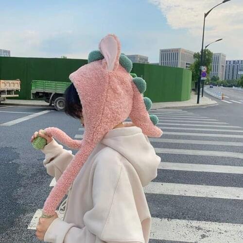Autumn Winter Beanies for Women Funny Dinosaur-shaped Plush Hat Role-playing Cute Cartoon Warm Ear Protection Cold-proof Cap