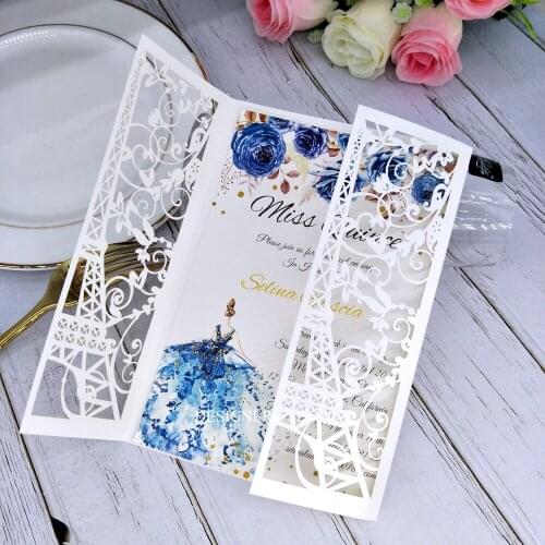 50PC Printale Tower Laser Cut Quinceanera Invitation 30+Color Shiny Cards for Wedding Party DIY Engagement Invies