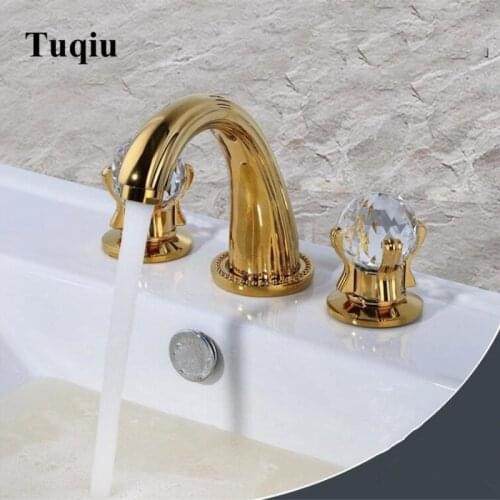 Luxury bathroom lavatory faucet luxury crystal handle widespread 8 inch three holes basin faucet sink faucet gold finished