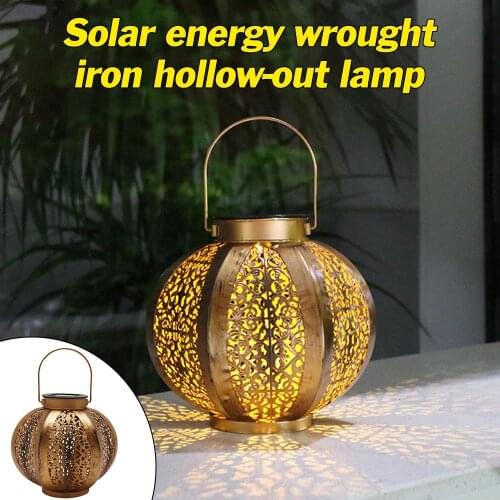 Iron Art Retro Style LED Solar Light Garden Decor Hollow Projection Lantern Waterproof Outdoor Landscape Pathway Lawn Lamp