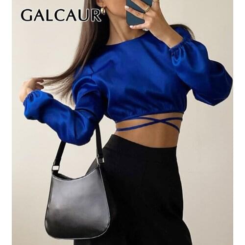 GALCAUR Cut Out Belted Solid Korean Fashion Summer Clothes For Women Round Collar Long Sleeve Skinny Casual T Shirts Female 2021