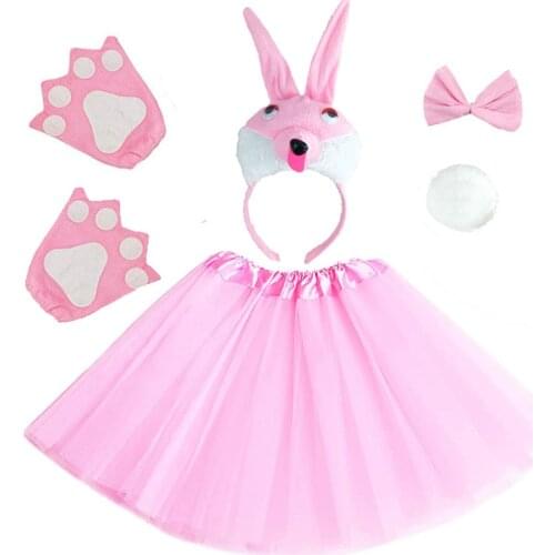 White Pink Children Women Girls Party Animal Rabbit Bunny Costume Headband Ears Tutu Skirt Tie Tail Paw Set Halloween Christmas
