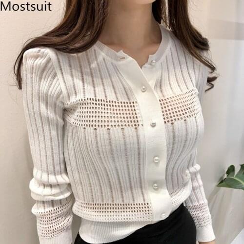 Korean Thin Knitted Single-breasted Cardigans Sweaters Women Long Sleeve O-neck Pearl Buttons Hollow Elegant Fashion Ladies Tops