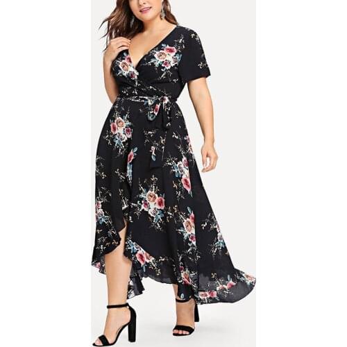 Short-Sleeved Dress 2021 Cardigan Plus Size Printing V-Neck Slim A-Line Irregular Casual Fishtail Long Skirt Home Dating