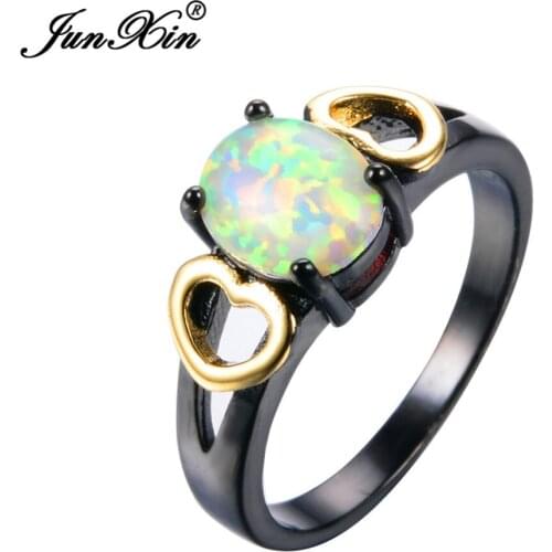 JUNXIN Romantic Gold Heart White Opal Ring Black Gold Fillled Promise Engagement Rings For Women Fashion Jewelry Girlfriend Gift