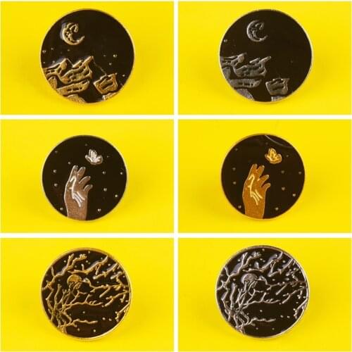 Gold and Silver Color Brooches Night Scene Badges Metal on Backpack Adventure Badges for Clothes Enamel Pins for Backpacks Badge