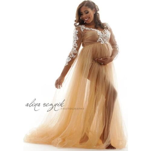 Gold Maternity Dresses V Neck Lace Maternity Gown for Photoshoot Boudoir Lingerie Tulle Robe Bathrobe Nightwear Babydoll Robe