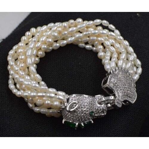 10rows freshwater pearl white near round rice 4-6mm +green clasp bracelet 8inch FPPJ wholesale beads nature