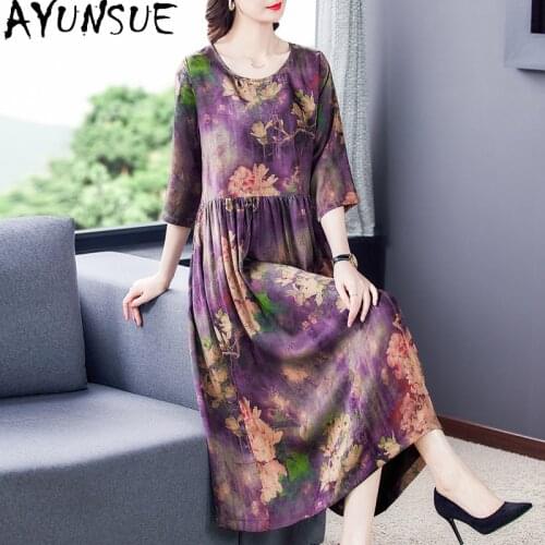 AYUNSUE Spring Summer Silk Dress Women Clothing Vintage Plus Size Dresses for Women Beach Floral Dress Vestido De Mulher KJ6974