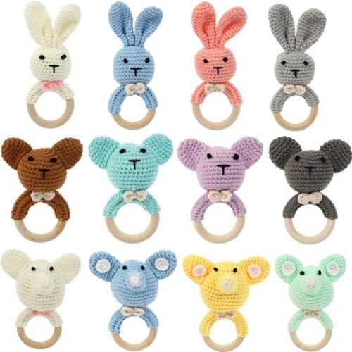 1pc Cartoon Baby Rattle Toys Wooden Teether Ring DIY Crochet Bunny Rattle Hand Shaking Bell Newborn Mobile Educational Toys