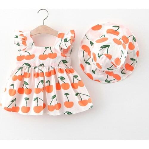 Baby Girl Princess Dresses Children Dresses With Hat 2pcs Clothes Sets for Girls Dress Sleeveless Cherry Dot Princess Dresses