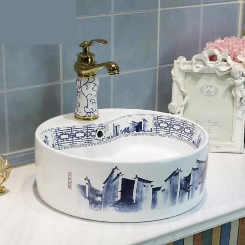 Chinese Blue And White Porcelain Creative round Washbasin Household Art small 36CM ceramic wash basin bathroom sink