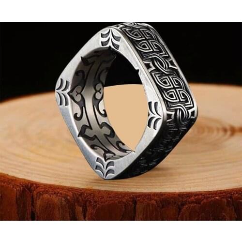 100% real s925 pure silver vintage square disc ancient male ring Personality domineering power game Thai silver ring around