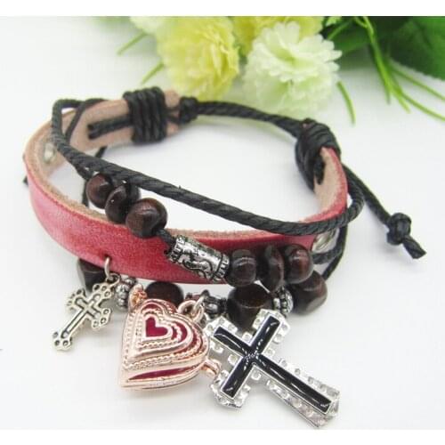 Vintage Style Leather with Wooden Beads Cross and Heart Locket Charm DIY Oil Diffuser Leather Bracelet Adjustable Cord Closure