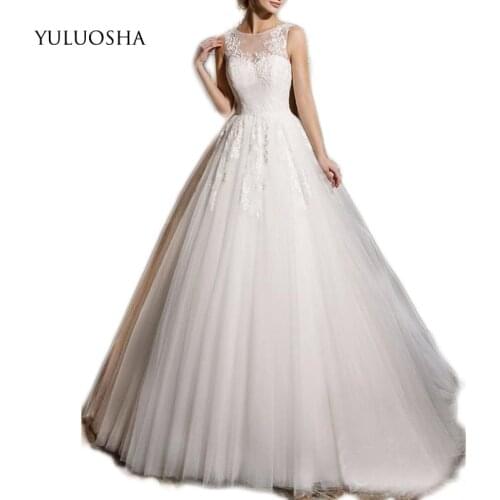 YULUOSHA Lace A-line Wedding Dress Tulle Sleeveless Appliques O-neck Bridal Gowns Custom Cheap Vestido De Noiva Wedding Gowns