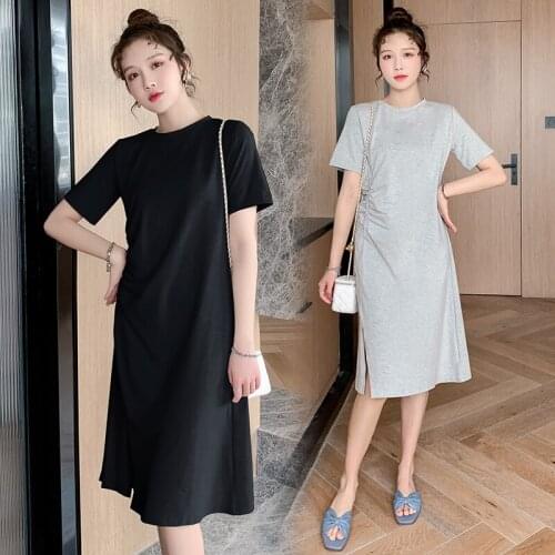 Summer Casual Cotton Maternity Dress Drawstring Waist Slim Hot Clothes for Pregnant Women Side Splits Pregnancy Clothing
