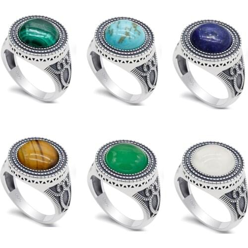 Male Ring 925 Sterling Silver Natural Malachite/Turquoise/Agate Stone Men Rings Vintage Owl Pattern Jewelry to Husband Wife Gift