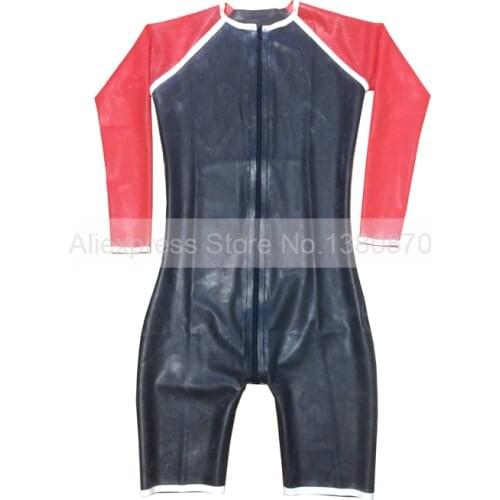 Front Zip Male Latex Rubber Sexy Catsuit Long Sleeves But Short Legs Bodysuit Latex Fetish Party Suit S-LCM180