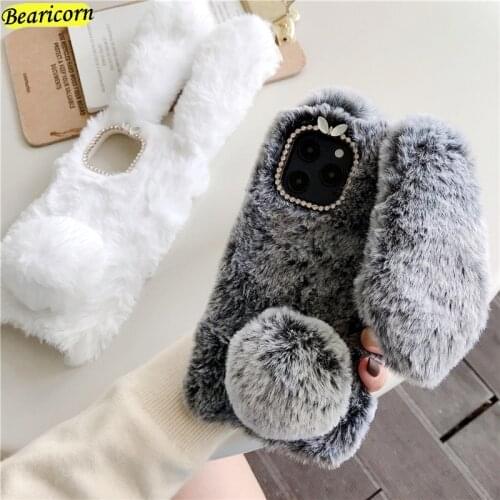 Soft Plush Phone Case For iPhone 11 12 Pro XR X Xs Max mini 7 8 6 6s Plus MAX 5 5S SE 3D Furry Rabbit Bunny Fur Back Cover
