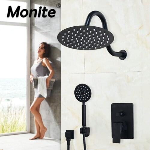Monite 8 10 12 inch Black Round Ultra-thin Rainfall Wall Mounted Bathroom Shower faucet Sets ORB Shower head & hand Shower Sets