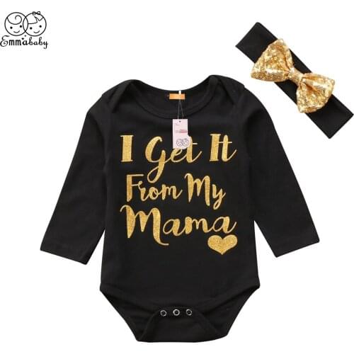 2018 new casual 2PCS clothes Kids Baby Girls long sleeve letter print balck Bodysuit Jumpsuit +Sequins Headband Outfits Clothes