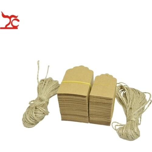 Wholesale 100Pcs Brown Kraft Paper Scallop Head Tags Luggage Wedding Note Label+Jute String DIY Blank Kraft Travel Gift Hang Tag