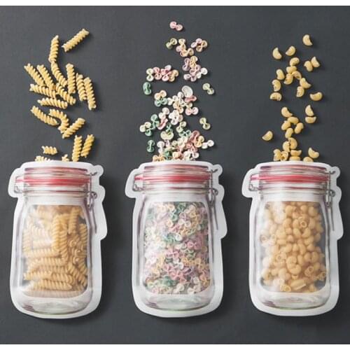 Wholesale Mason Jar Shaped Food Container Plastic Bag Clear Mason Bottle Modeling Zippers Storage Snacks Plastic Box SN1206